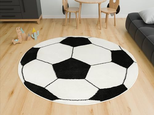 AKCILA Modischer Runder Kinderteppich Lima Fußball – weiß-schwarz 120 cm - Waschbarer Kinderzimmer Teppich - Spielteppich - Weicher Teppich Kinderzimmer - Ideal für Jungen – Dekoteppich