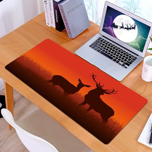 KDWJS Tapis de Souris XXL Speed Gaming - 90x40 cm - Base en Caoutchouc antidérapant Extended - Améliore la précision et la Vitesse - Chasse, Illustration de Silhouette d'un cerf et d'une biche sur Un