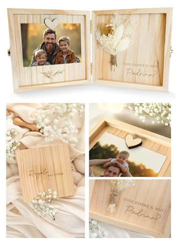 Joli Coon Cofanetto in legno per chiedere a un padrino, 14 x 14 x 3 cm | Veri fiori secchi, magnete per inserire una foto, ricordo decorativo da esporre, lavorazione curata