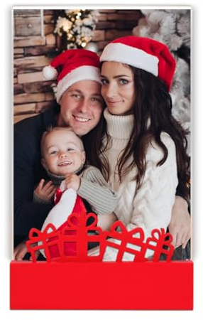 DEREGALOOS Marco de Fotos de Navidad 10×15 cm. Marco Decorativo Personalizado con Base Roja y Relieve de Regalos. Regalo Original y Emotivo para Familia, Profesores, Hijos o Decoración de Hogar