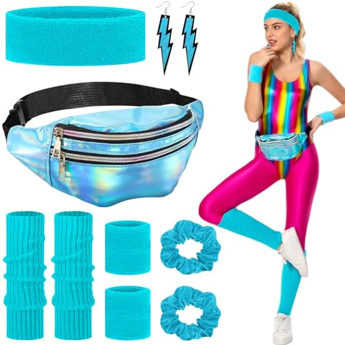 Betrynidil 80er Jahre Outfit Damen Set, Damen 80er Jahre Workout Kostüm, mit Bauchtasche, Stirnband, Haargummi, Beinwärmer, Armbänder und Ohrring, für Karneval Neon Party (Blau)