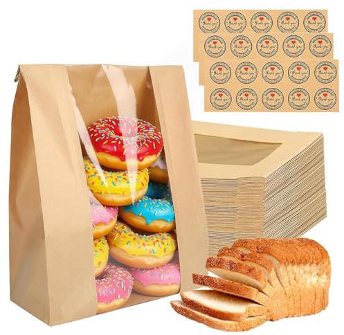 50 Pack Paper Bread Bags for Homemade Bread,Sourdough Bread Bakery Bag with Window,Large Bakery Bags with Stickers Sandwichbags for Storage Cookies & Snacks | Large Bakery Bags