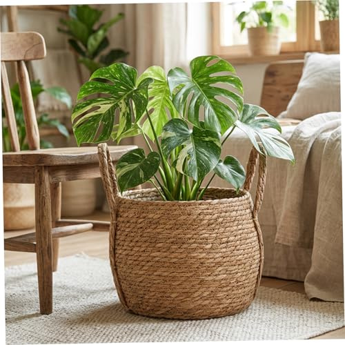 Cesta de mimbre para macetas, 9, 5 pulgadas, tejida a mano, con forro de plástico para plantas, cesta decorativa para plantas de interior con asa para decoración del hogar, almacenamiento y bodas, flo