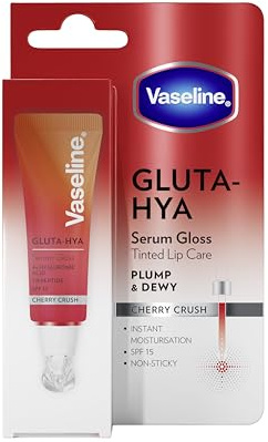 Vaseline Sérum Labial Gluta-Hya Cherry Crush 10ml. Con ácido hialurónico, tripéptido, tecnología Glutaglow y SPF15. Color, volumen y protección. Hidratación al instante y acabado gloss no pegajoso.