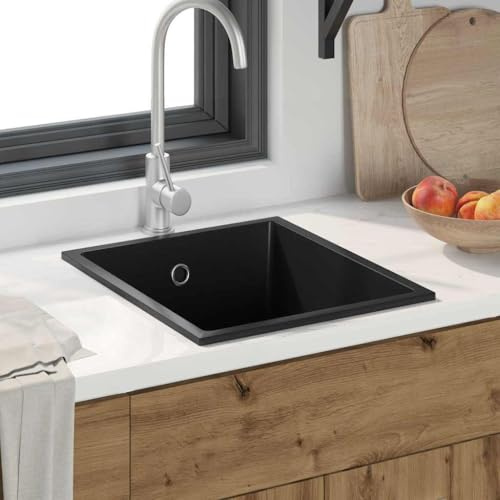 Fregadero de cocina de granito negro, 38 x 44 x 20 cm, rectangular, con escurridor y sifón para empotrar, bajo encimera, soporte, resistente a los arañazos, inoxidable, ideal para cocina, jardín