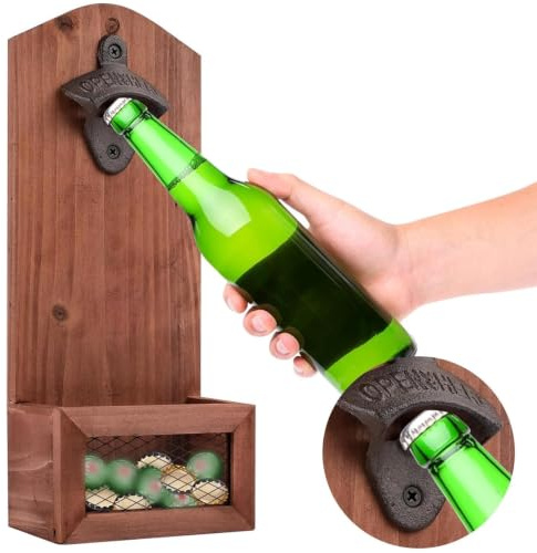 Bieröffner Wand mit Kronkorken Sammler, Wandflaschenöffner mit Auffangbehälter, Vintage Flaschenöffner Wandmontage für Bar, Küche & Terrasse, Bier Geschenk für Männer, Papa & Ehemann