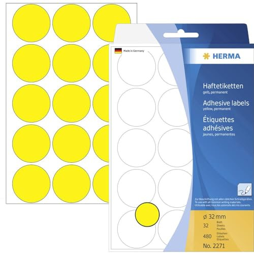 HERMA 2271 Punktaufkleber Klebepunkte gelb, 480 Stück, Ø 32 mm, 15 pro Bogen, selbstklebend, Markierungspunkte für Kalender Planer Basteln, matt, blanko Papier Farbpunkte Aufkleber