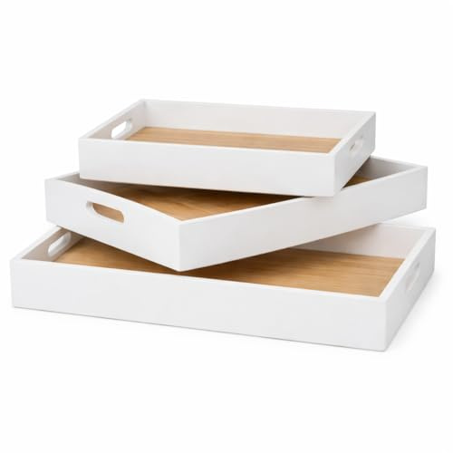 3er Set Holztablett Weiß/Natur – Serviertablett & Dekotablett mit Griffen – MDF Holz Tablett Set rechteckig mit hohem Rand – Frühstückstablett Bett, Couchtisch Deko, Kerzentablett Wohnzimmer Küche
