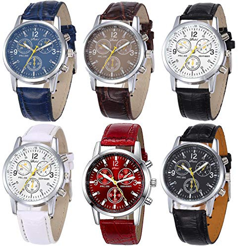 yunanwa 6 Pack Men's Leather Quartz Watch Geneva Casual Dress Wrist Band Watches Wholesale Lots Set Men Watches Pack (6pcs-C005)