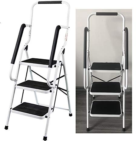 Escabeau à 3 Marches Antidérapantes Marchepied Pliant avec 2 Rampes de Sécurité Échelle Pliable en Acier Charge Max.150Kg - Escabeau Ménager pour Intérieur/Extérieur