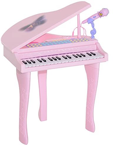 HOMCOM Piano à Queue électronique 37 Touches Multifonctions avec Micro Haut Parleur, lumière LED, Fonction d'enregistrement et de relecture, Instrument de Musique Enfant 3 à 6 Ans Rose