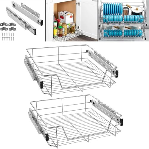 SAILUN Pull-Out Wire Baskets 600mm Wide Cabinet Slide Out Wire Storage Drawers for Kitchen, Pantry, Bathroom Cabinets, Base Larder Organiser Size: 570 * 440 * 140mm Silver Set of 2 (600mm)