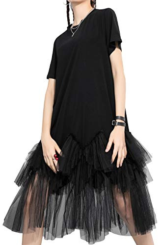 ellazhu Women's Casual Short Sleeve Crew Neck Tutu Tulle Dress with an Oversized Fit GY2266 Black