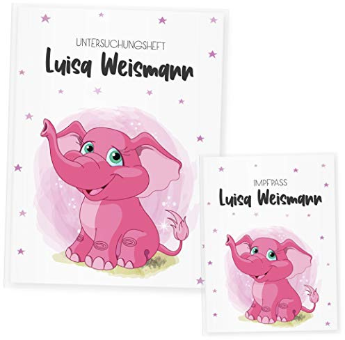 U Heft und Impfpass Hülle Set Babytiere (Uheft Set personalisiert, Elefant Rosa)
