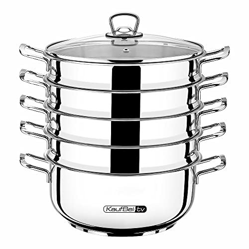BEM Dampfkocher: 6-tlg Set aus Edelstahl 18/10, Ø 28 cm, Russische Mantowarka mit Dampfeinsatz und Glasdeckel, Dampfkochtopf, Gardampfkochtopf Set, NICHT induktionsgeeignet