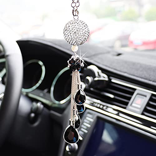 ihreesy Auto Rückspiegel Anhänger,Bling Bling Strass Auto Innenspiegel Anhänger Glitzer Kristall Ornament Hängende Dekoration Charm für Frauen Auto Innere Styling Zubehör,Schwarz