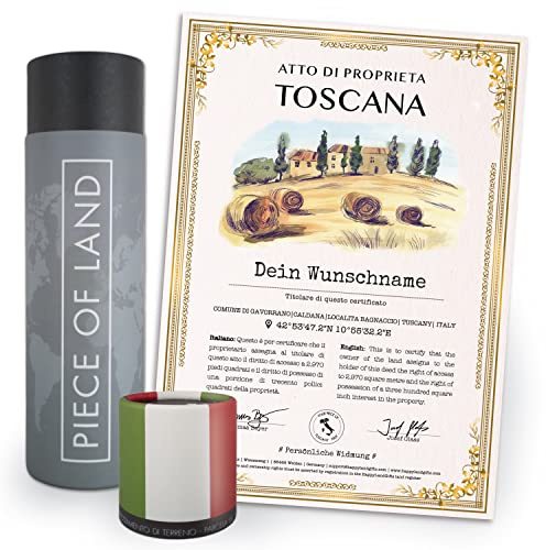 happylandgifts® Certificado de propiedad personalizado, parcela de terreno auténtica en la Toscana, regalo único para amantes de Italia, certificado en varios colores, con nombre y dedicatoria