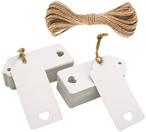 jijAcraft 50 Stück Geschenkanhänger Hochzeit, Weiß Kraftpapier Anhänger 9,5 x 4,5 CM, Anhängeetiketten mit Juteschnur, für Valentinstag, Hochzeit, Taufe, Weihnachten Geschenkverpackung
