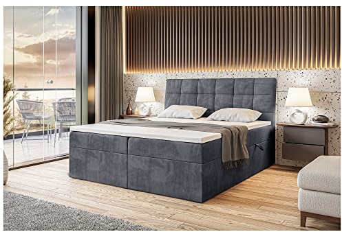 MEBLINI Boxspringbett mit Bettkasten - Gepolstert Doppelbett mit Matratze und Topper - Polsterbett mit Stauraum - Bett mit Kopfteil - Stauraumbett - Drago - 160x200 - H4/Dunkelgrau Samt
