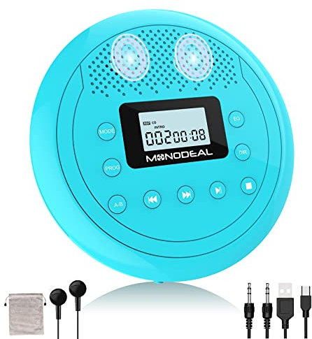 MONODEAL Tragbarer CD-Player mit Lautsprecher, tragbarer, wiederaufladbarer Discman-CD-Player für Auto und Kinder, Anti-Skip-CD-Player klein mit Kopfhörern für Hörbücher, Musikhören