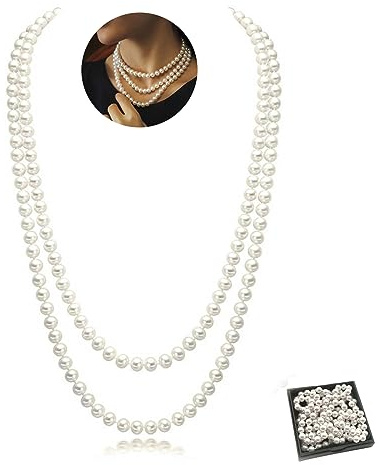 SwirlColor pärlhalsband för kvinnor, 150 cm/59 tum, mode, falskt långt pärlhalsband, 1920-tal, rund pärlpärla, halsband, kostym, smycken för kvinnor, med en garnväska och smyckeskrin, Glas