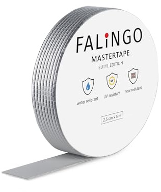 FALINGO Wasserdichtes Klebeband, Butylband, Butyl Klebeband, Dichtband, Abdichtband, Dichtungsband, Unterwasser Klebeband für Dach, Wand, Fenster, Rohre, Boden, Butylkautschuk (2,5 cm x 5 m)
