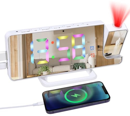 Bestcool Projection Alarm Clock for Bedroom, Colorful Digital Alarm Clock Mirror Alarm Clocks Bedside with 180°Projector Auto Dimmer Display USB Charging 5 Dimmer Snooze 12/24H for Home,White