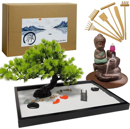 LuXianYS Zen Garten Set, Handgefertigtem Backflow Incense Burner, Sand Miniatur Geschenk Set, Japanischer Zen-Garten, Steine Garden, Mini-Zen-Garten mit Sand, künstliche Bonsai-Baum