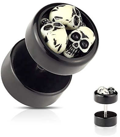 Forbidden Body Jewelry Stud Earrings for Men, Ear Piercing Cheater Plugs, Fake Gauges, Surgical Steel Earrings/Black Acrylic with Embedded Skulls