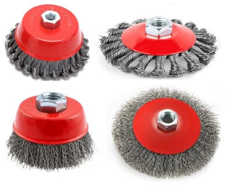 WOMGF 4-teilig Drahtbürsten für Winkelschleifer Metall Kegelbürsten mit M14-Aufnahme Scheibenbürste mit Robusten Gezopften Stahlbürste Ø 75 mm und Ø100 mm