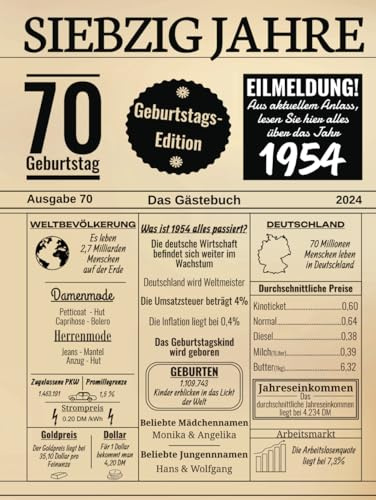 Siebzig Jahre Das Gästebuch: Zum 70 Geburtstag 2024 / Geburtsjahr 1964 / Zeitung Design Mit Ereignissen Jahrgang 70 / Geschenk Und Geburtstagsdeko / ... Und Fotos Einkleben / Geburtstagszeitung