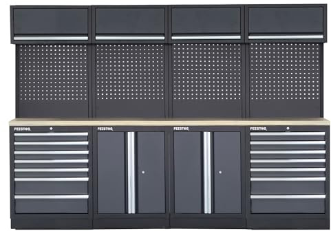 FEISTOS Werkstatteinrichtung | Werkzeugschrank Apollo 16 | inkl. Lochwand | Grau/Schwarz | 272x46x200 cm