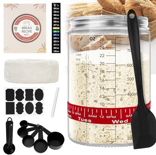 Meetory Sourdough Starter Kit, 770ml Sourdough Starter Jar with Recipes and Instructions, Thermometer, Feeding Date Band, Silicone Scraper, Cloth Cover, Metal Lid, Measuring Spoons, Labels and Pen