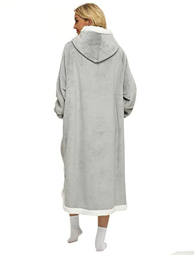SHAPLE Blanket Winter Bequeme warme Lammwolle Outdoor Pocket Hoodie Sweatshirt Übergroße Plüsch Koralle Fleece Sherpa Kapuzendecke mit Ärmeln (Color : Grijs, Size : Length 120cm)