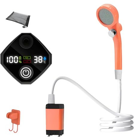 Upgraded Camping Shower Pump, Portable Shower Rechargeable Battery Camp Shower Electric Shower, with Rechargeable 6000mAh Battery and Digital Display (Orange)