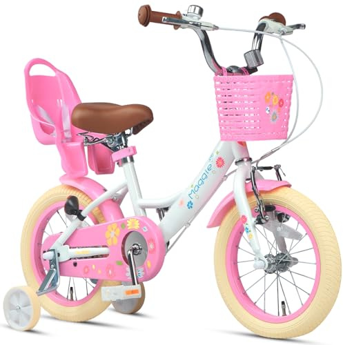 Glerc Maggie 14 Inch Kids Bike for 3 4 5 6 Years Old Little Girls Toddler Bicycles with ith Doll-Seat & Basket & Stabilisers for Gift, White