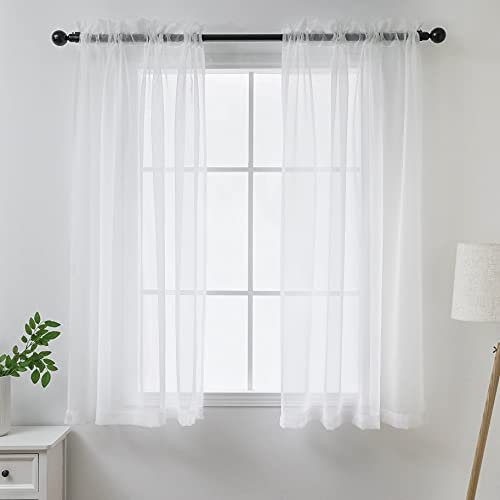 Demetex White Net Curtains 45 inch Drop Voile Curtains for Windows with Rod Pocket Light Filtering Sheer Curtains for Living Room, Bedroom, 2 Panels, 137 x 114 cm, White
