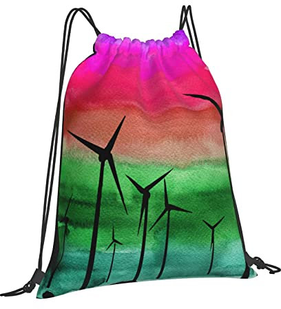 Men Women Drawstring Sport Bag Watercolor Wind Turbines Vintage Style Drawstring Backpack Fashion Drawstring Bag Comfortable Gym Sack For Birthday Gift Travel Yoga