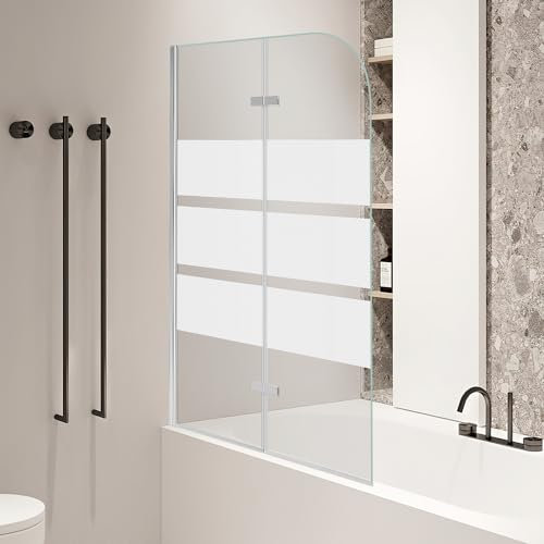 Ansobea Parete doccia per vasca da bagno, 100 x 140 cm, 2 pezzi, pieghevole, vetro di sicurezza monolocale da 6 mm, per vasca da bagno e doccia, strisce bianche