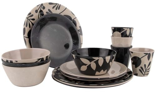 Bo-Camp - Vajilla - Mix & Match - 16 Piezas - Beige/Negro