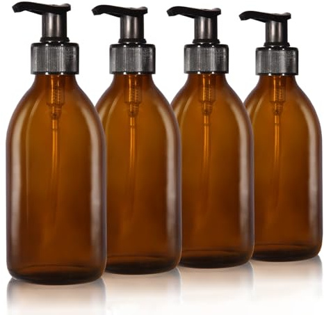 Oputec 4 x 250ml Seifenspender aus Glas: Extra sparsam bis -70% - Shampoo Flaschen zum Befüllen als Handseife-Spender, Pumpspender, Pumpflasche aus Braunglas für Küche & Badezimmer