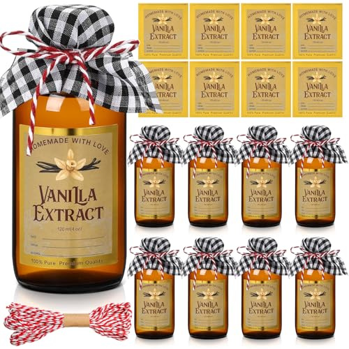 Uiifan 8 botellas de extracto de vainilla, botellas de vidrio ámbar con tapas, botellas redondas Boston con 8 etiquetas de extracto de vainilla, calcomanías para jarabe, regalo, recipiente de