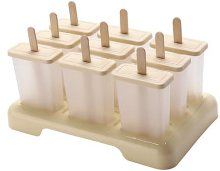 SHOWERORO Moules à Glace En Plastique 9 Pièces Beige Bâtons En Bois, Congélation Facile, Réutilisables, Pour Garçon Et Filles, Fabrication Maison De Glaces Et Sorbets D’été