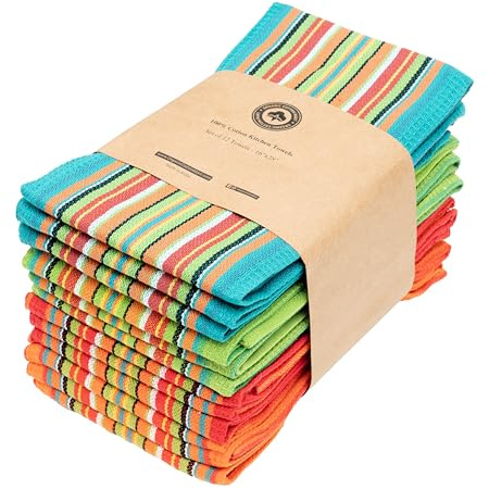 Bunte Küchentücher, 100% Baumwolle, 71,1 x 40,6 cm, Waffelmuster, saugfähig, fusselfrei, Salsa-Streifen, Südwest-Küchentücher, mexikanische Geschirrtücher mit festlichem Gefühl, 12 Stück