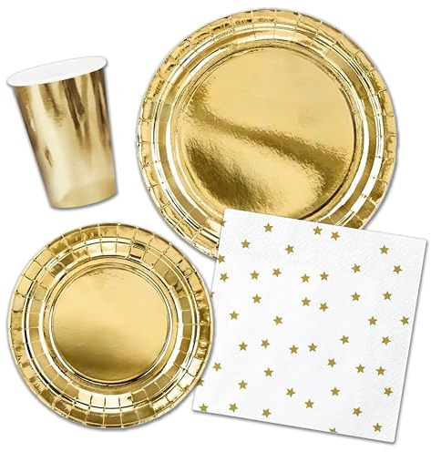 Decoraparty Kit de vaisselle en or pour 6 invitations, décorations dorées de table jetable pour 6 personnes pour le Nouvel An Noël célébration 6 grandes assiettes 6 petites assiettes 20 serviettes 6