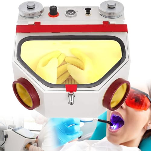 YANGYMM Sableuse fine à double stylo, 2 stylos + 2 réservoirs de laboratoire dentaire, lumière LED et grande fenêtre de vue avec contrôle à pédale, sablage de laboratoire dentaire