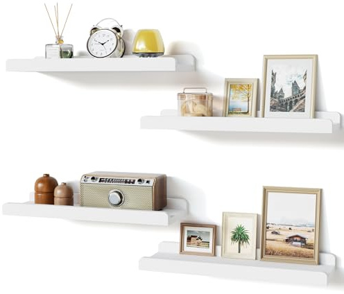 Love-KANKEI Wandregal Weiß Holz Regal Wand, Bilderleiste 4er Set Schweberegal Regale für Wände 40cm, Wandregal Küche Wandboard Wall Shelf für Schlafzimmer Wohnzimmer Badezimmer