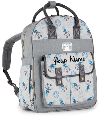 Disney Personalisierte Wickeltasche, Motiv: Mickey Minnie und More, multifunktionale Baby-Wickeltasche, Rucksäcke, Personalisierte Mickey Wickeltasche, Doppelgriff, Grau, Large, Rucksack-Wickeltasche