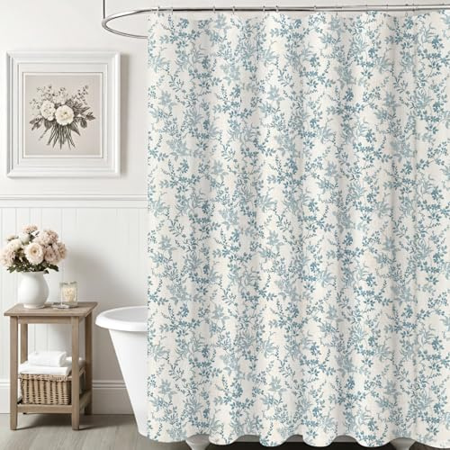 Ksriylm Duschvorhang aus Dichte Blüten aus Polyester-Leinen,Wunderschöne Blumen Stil Dekorieren Vorhang Duschvorhänge,180x180cm Schickes Stoff Tuch Blumenblätter Duschvorhang mit 12 Ringe,Dunkelblau