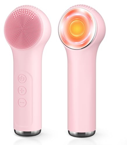 Queenwill Facial Cleansing Brush, 2 in 1 Rechargeable Silicone Face Scrubber with Heat Massage Head, Electric Vibrating Exfoliating and Massaging, Waterproof Face Cleanser for Women and Men (Pink)